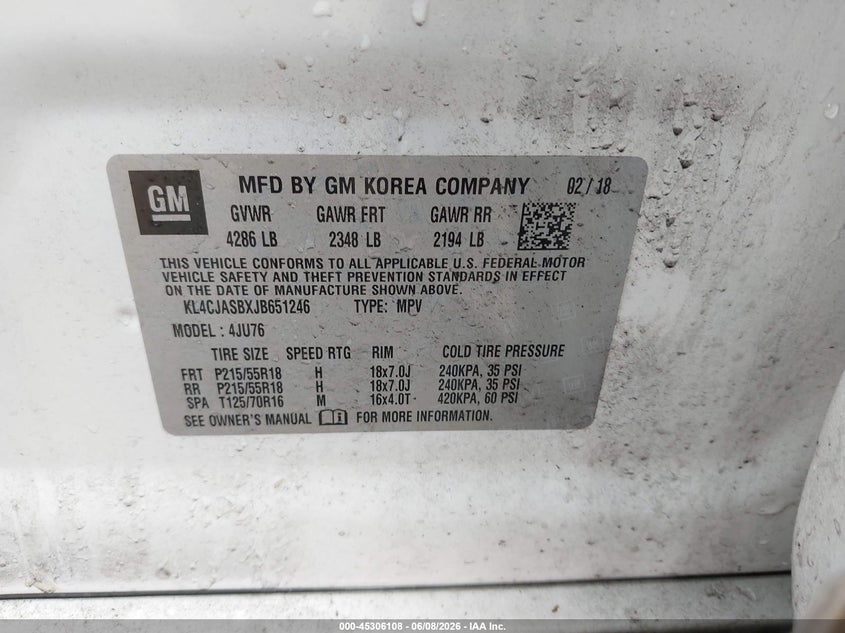 2018 Buick Encore VIN KL4CJASBXJB651246 IAAI salvage auction — FRONT END, Salvage Title, sold $2,250 on 2026-07-15 (photo 9)