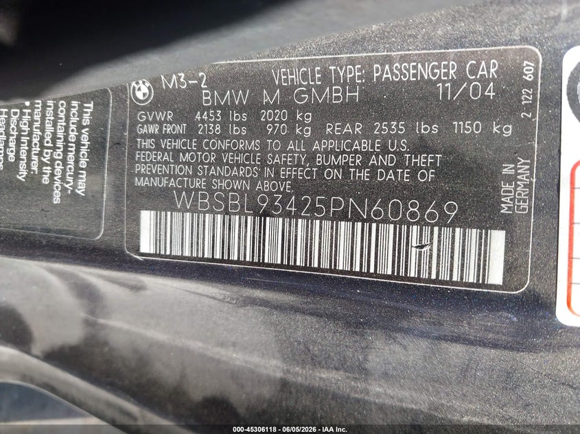 2005 BMW M3 VIN WBSBL93425PN60869 IAAI salvage auction — REAR END, Salvage (California), sold $10,200 on 2026-07-12 (photo 9)
