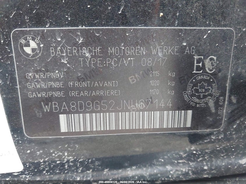 2018 BMW 3er VIN WBA8D9G52JNU67144 IAAI salvage auction — FRONT END, Salvage Title, sold $3,000 on 2026-07-09 (photo 9)