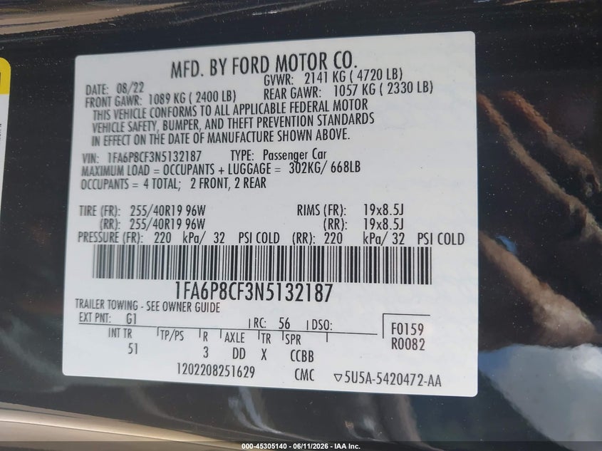 2022 Ford Mustang VIN 1FA6P8CF3N5132187 IAAI salvage auction — FRONT & REAR, Salvage (North Carolina), sold $12,600 on 2026-07-09 (photo 9)