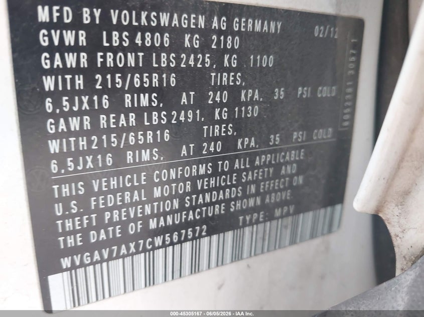2012 Volkswagen Tiguan VIN WVGAV7AX7CW567572 IAAI salvage auction — NORMAL WEAR, Original (Texas), sold $875 on 2026-07-07 (photo 9)