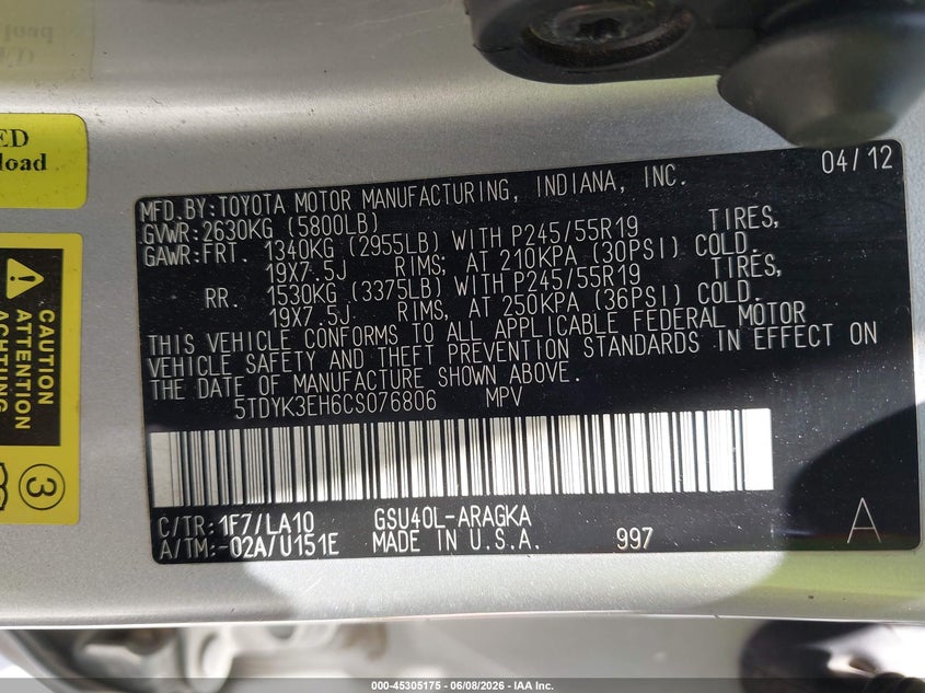 2012 Toyota Highlander VIN 5TDYK3EH6CS076806 IAAI salvage auction — LEFT SIDE, Original (Texas), sold $4,850 on 2026-07-30 (photo 9)