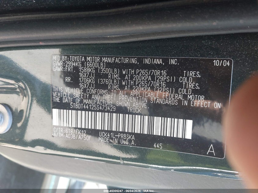 2005 Toyota Tundra VIN 5TBDT44125S473429 IAAI salvage auction — REAR END, Salvage (Rhode Island), sold $1,000 on 2026-07-21 (photo 9)