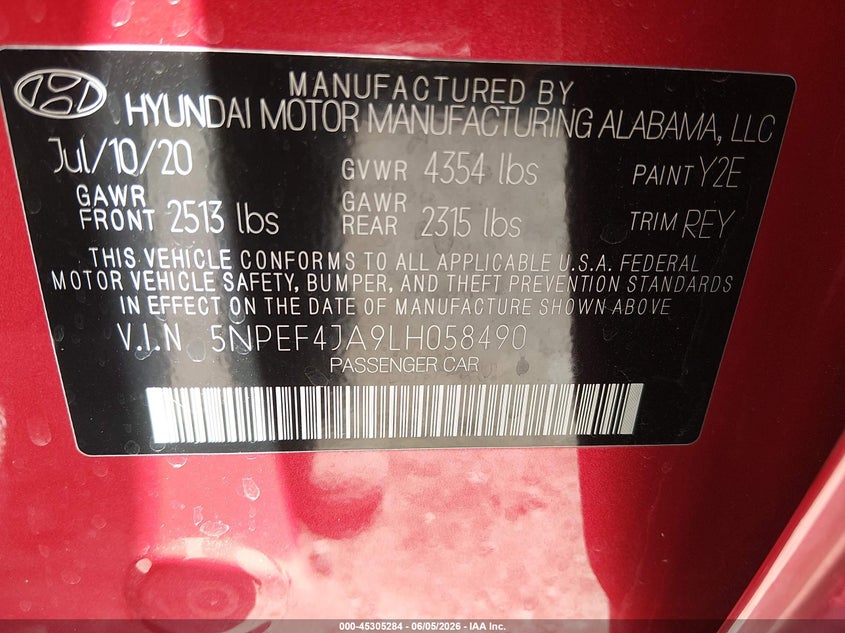 2020 Hyundai Sonata VIN 5NPEF4JA9LH058490 IAAI salvage auction — FRONT END, Salvage Title, sold $3,750 on 2026-07-22 (photo 9)