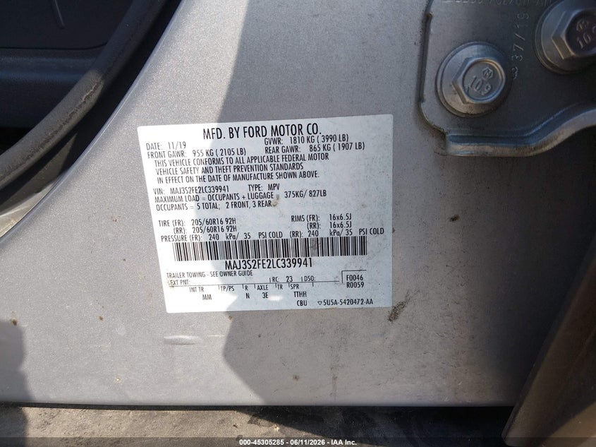 2020 Ford Ecosport VIN MAJ3S2FE2LC339941 IAAI salvage auction — FRONT END, Salvage (Tennessee), sold $2,150 on 2026-07-24 (photo 9)