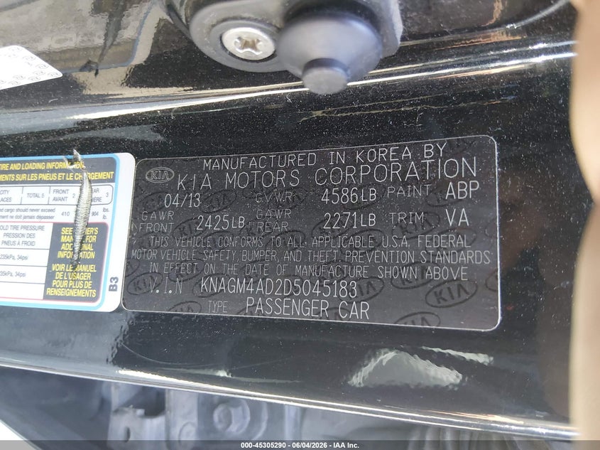 2013 Kia Optima hybrid VIN KNAGM4AD2D5045183 IAAI salvage auction — NORMAL WEAR, Clear (Tennessee), sold $775 on 2026-07-08 (photo 9)