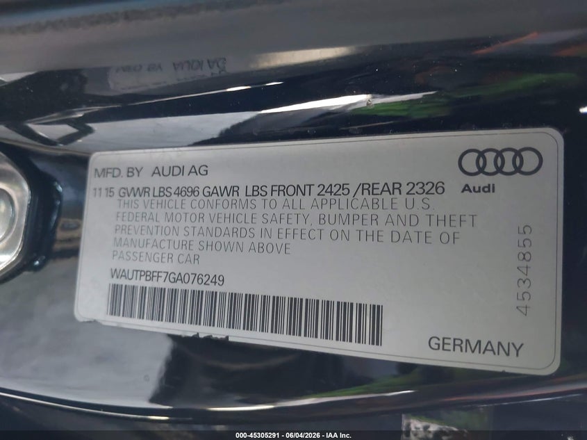 2016 Audi A3 VIN WAUTPBFF7GA076249 IAAI salvage auction — RIGHT FRONT, Salvage Title, sold $1,875 on 2026-07-22 (photo 9)