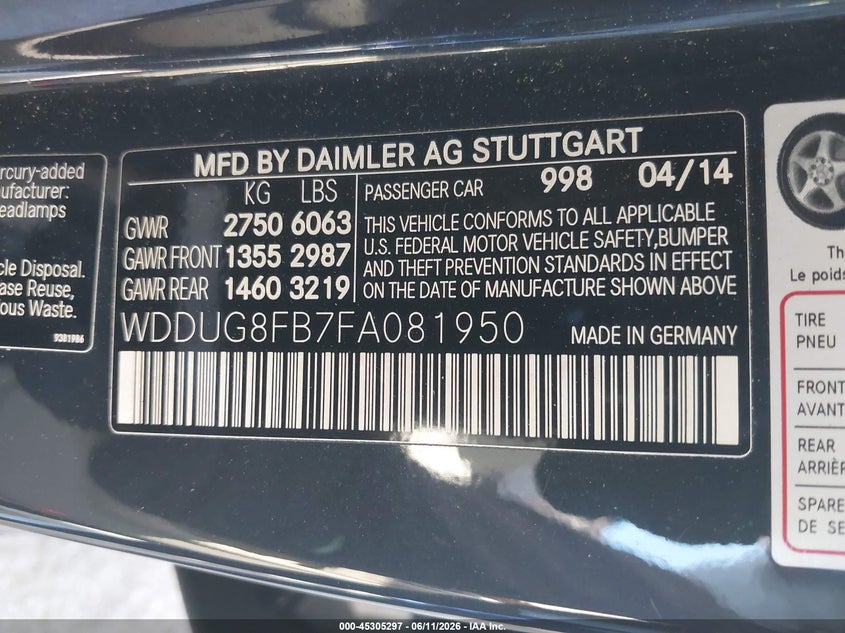 2015 Mercedes-benz S-klasse VIN WDDUG8FB7FA081950 IAAI salvage auction — UNKNOWN, Salvage (California), sold $9,950 on 2026-07-08 (photo 9)