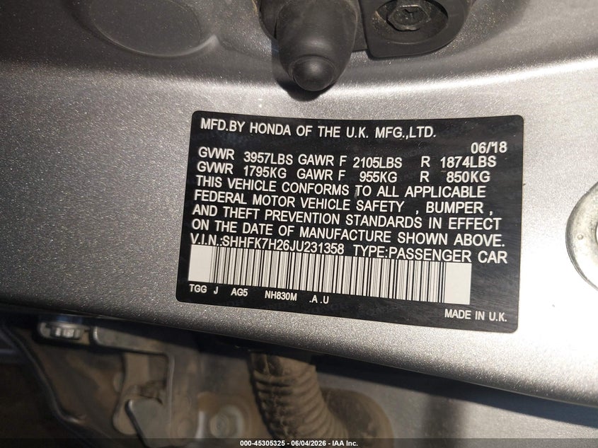 2018 Honda Civic VIN SHHFK7H26JU231358 IAAI salvage auction — FRONT END, Salvage Title, sold $3,800 on 2026-07-14 (photo 9)