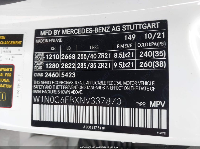 2022 Mercedes-benz VIN W1N0G6EBXNV337870 IAAI salvage auction — FRONT END, Salvage (California), sold $12,200 on 2026-07-29 (photo 9)