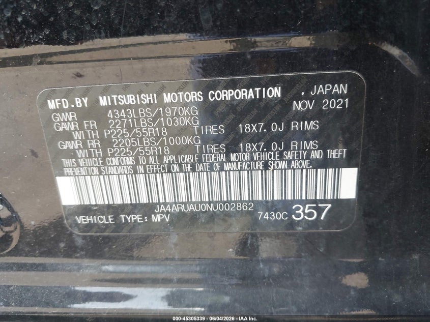 2022 Mitsubishi Outlander VIN JA4ARUAU0NU002862 IAAI salvage auction — FRONT END, Salvage Title, sold $4,050 on 2026-07-14 (photo 9)