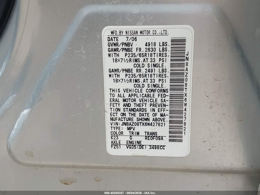 2006 Nissan Murano VIN JN8AZ08TX6W427821 IAAI salvage auction — FRONT END, Salvage (Texas), sold $225 on 2026-07-08 (photo 9)