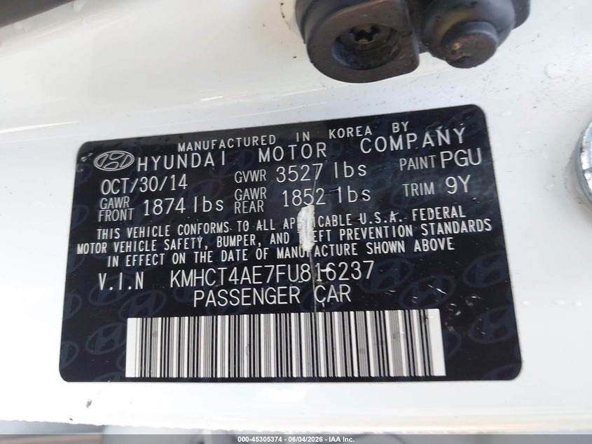 2015 Hyundai Accent VIN KMHCT4AE7FU816237 IAAI salvage auction — NORMAL WEAR, Salvage Title - Dealer (California), sold $700 on 2026-07-13 (photo 9)