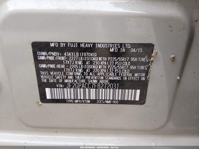 2015 Subaru Xv VIN JF2GPACC7F8272031 IAAI salvage auction — ROLLOVER, Salvage Title, sold $325 on 2026-07-15 (photo 9)