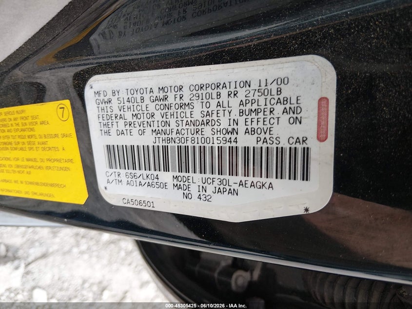 2001 Lexus Ls 430 VIN JTHBN30F810015944 IAAI salvage auction — FRONT END, Clear (Virginia), sold $600 on 2026-07-14 (photo 9)