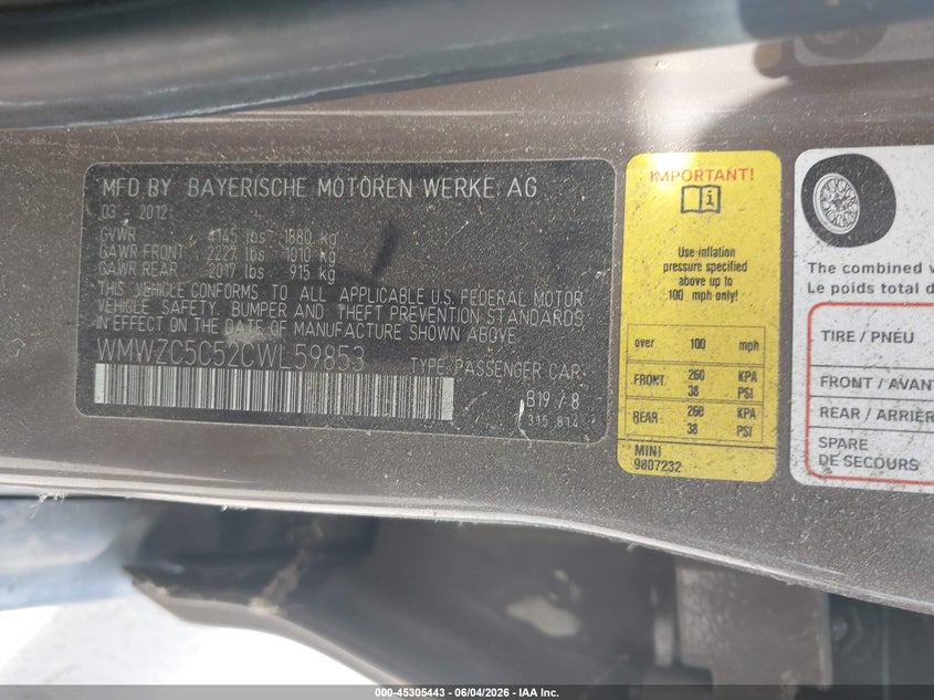 2012 Mini VIN WMWZC5C52CWL59853 IAAI salvage auction — NORMAL WEAR, Clear - Dealer Only (California), sold $700 on 2026-07-20 (photo 9)
