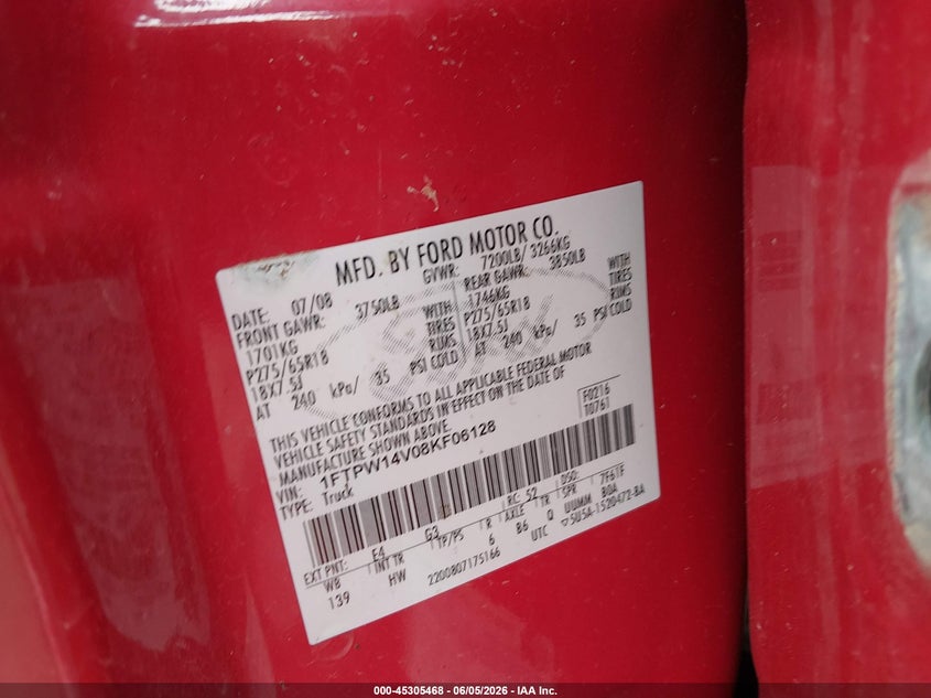 2008 Ford F-150 VIN 1FTPW14V08KF06128 IAAI salvage auction — ROLLOVER, Non-Repairable (Texas), sold $375 on 2026-07-22 (photo 9)
