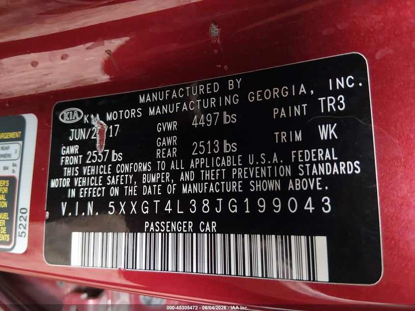 2018 Kia Optima VIN 5XXGT4L38JG199043 IAAI salvage auction — RIGHT FRONT, Salvage Title, sold $1,200 on 2026-07-16 (photo 9)
