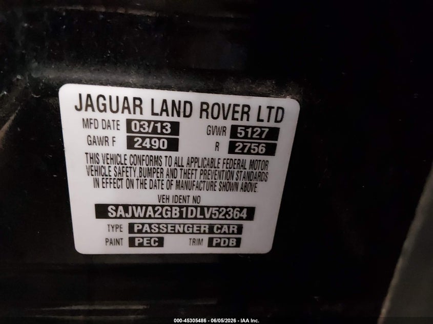 2013 Jaguar Xj VIN SAJWA2GB1DLV52364 IAAI salvage auction — RIGHT FRONT, Salvage Title, sold $3,000 on 2026-07-28 (photo 9)