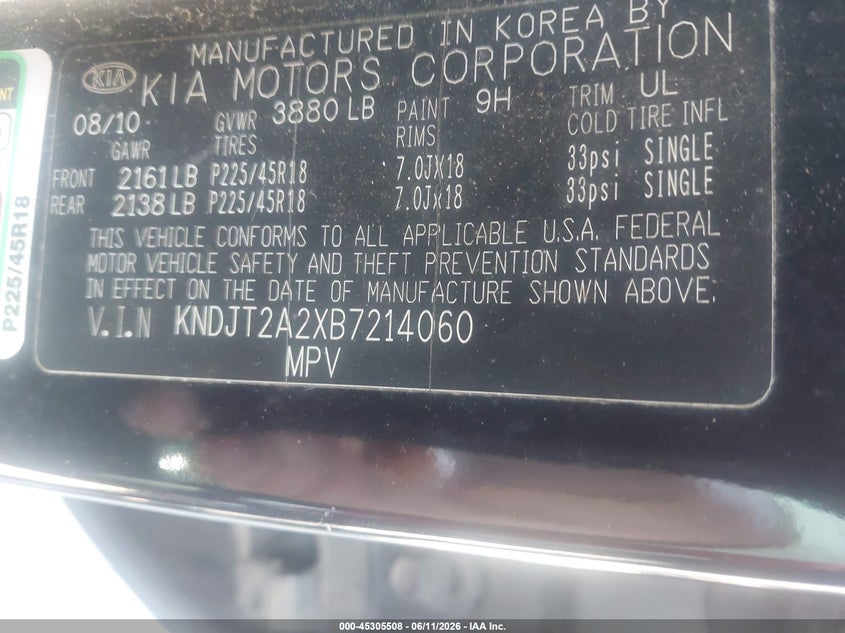 2011 Kia Soul VIN KNDJT2A2XB7214060 IAAI salvage auction — NORMAL WEAR, Clear-Dealer Only (North Carolina), sold $550 on 2026-07-20 (photo 9)