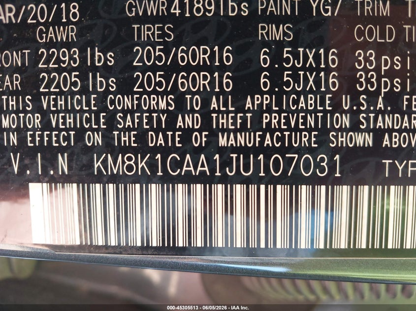 2018 Hyundai Kona VIN KM8K1CAA1JU107031 IAAI salvage auction — FRONT & REAR, Salvage Title, sold $2,250 on 2026-07-27 (photo 9)