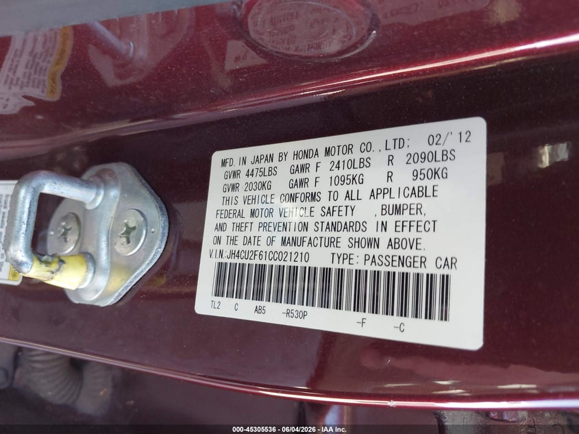 2012 Acura Tsx VIN JH4CU2F61CC021210 IAAI salvage auction — VANDALISM, Salvage Title, sold $1,750 on 2026-07-21 (photo 9)