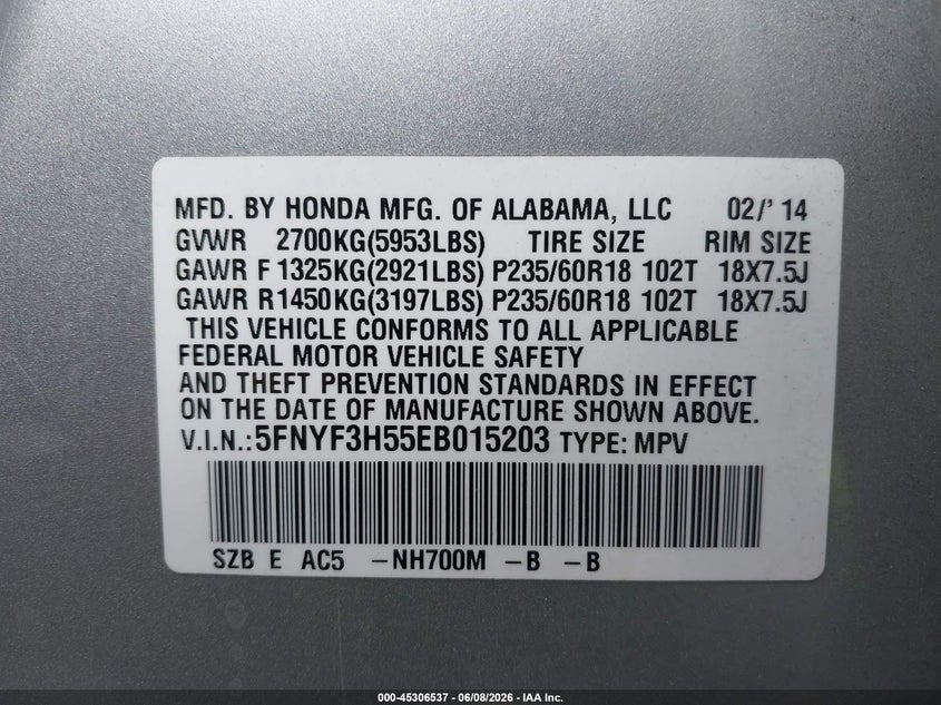 2014 Honda Pilot VIN 5FNYF3H55EB015203 IAAI salvage auction — SIDE, Salvage Certificate (California), sold $2,250 on 2026-07-29 (photo 9)