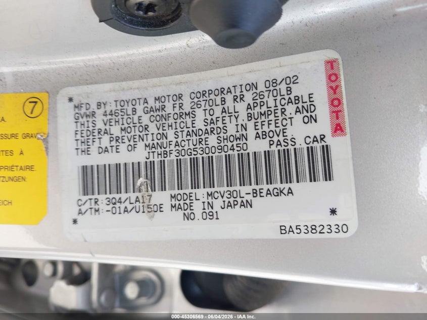 2003 Lexus Es 300 VIN JTHBF30G530090450 IAAI salvage auction — NORMAL WEAR, Clear - Dealer Only (California), sold $600 on 2026-07-07 (photo 9)