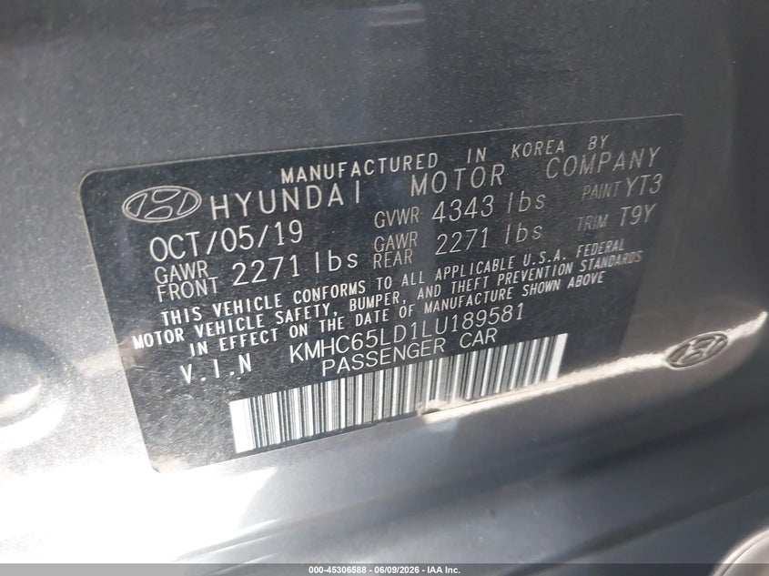 2020 Hyundai Ioniq VIN KMHC65LD1LU189581 IAAI salvage auction — REAR END, Salvage Certificate (California), sold $4,250 on 2026-07-22 (photo 9)