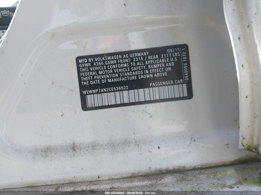 2012 Volkswagen Passat cc VIN WVWMP7AN2CE536522 IAAI salvage auction — NORMAL WEAR, Salvage Title, sold $375 on 2026-07-08 (photo 9)