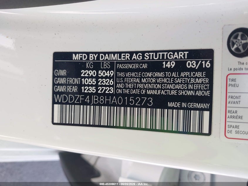 2017 Mercedes-benz E-klasse VIN WDDZF4JB8HA015273 IAAI salvage auction — SUSPENSION, Salvage Title, sold $5,800 on 2026-07-29 (photo 9)