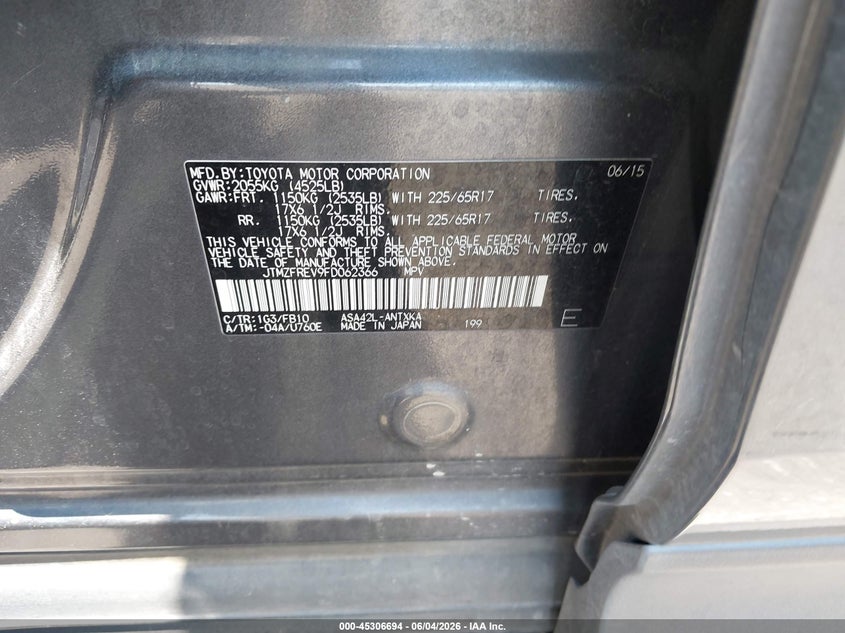 2015 Toyota Rav 4 VIN JTMZFREV9FD062366 IAAI salvage auction — FRONT END, Salvage Title, sold $2,600 on 2026-07-10 (photo 9)