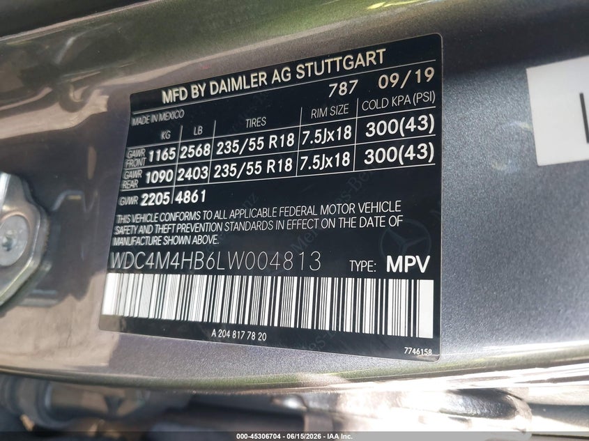 2020 Mercedes-benz Glb VIN WDC4M4HB6LW004813 IAAI salvage auction — REAR END, Salvage Title, sold $6,800 on 2026-08-14 (photo 9)