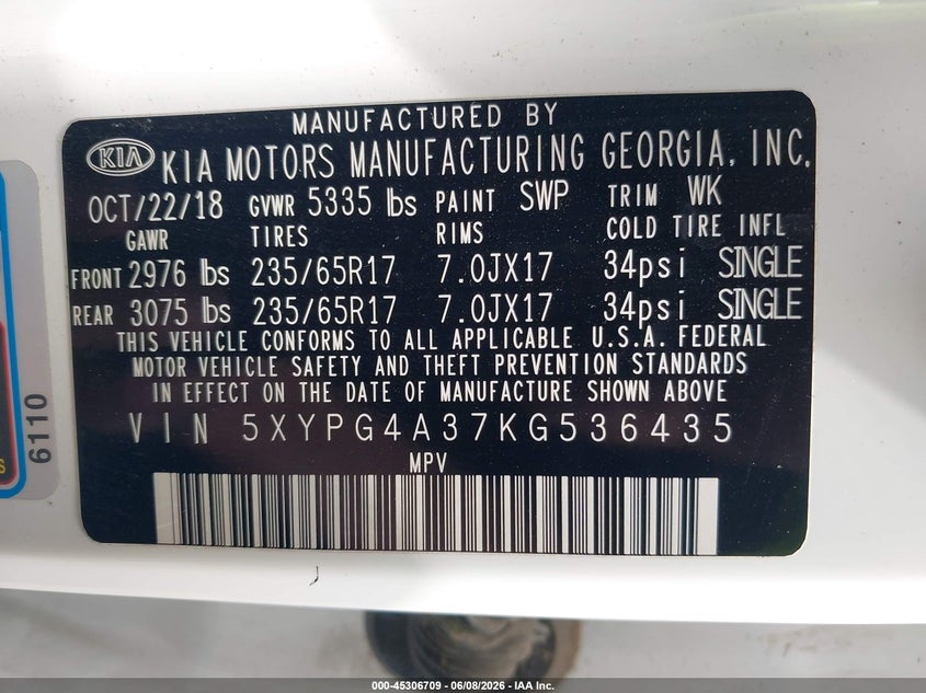 2019 Kia Sorento VIN 5XYPG4A37KG536435 IAAI salvage auction — VANDALISM, Salvage Title, sold $2,875 on 2026-07-15 (photo 9)