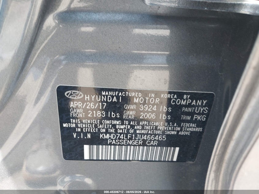 2018 Hyundai Elantra VIN KMHD74LF1JU466465 IAAI salvage auction — SIDE, Salvage Title, sold $3,400 on 2026-07-10 (photo 9)