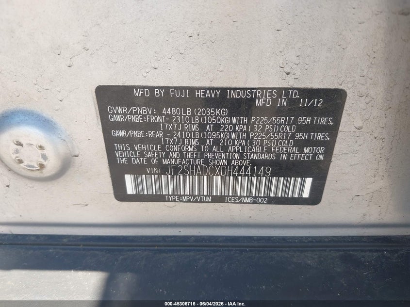 2013 Subaru Forester VIN JF2SHADCXDH444149 IAAI salvage auction — RIGHT FRONT, Salvage Title, sold $1,375 on 2026-07-07 (photo 9)