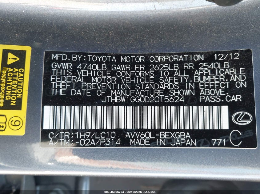 2013 Lexus ES VIN JTHBW1GG0D2015624 IAAI salvage auction — SIDE, Salvage Title, sold $1,800 on 2026-07-29 (photo 9)