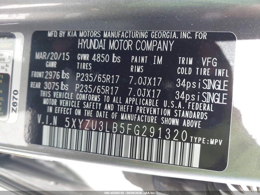 2015 Hyundai Santa fe VIN 5XYZU3LB5FG291320 IAAI salvage auction — FRONT END, Salvage Title, sold $1,750 on 2026-07-17 (photo 9)