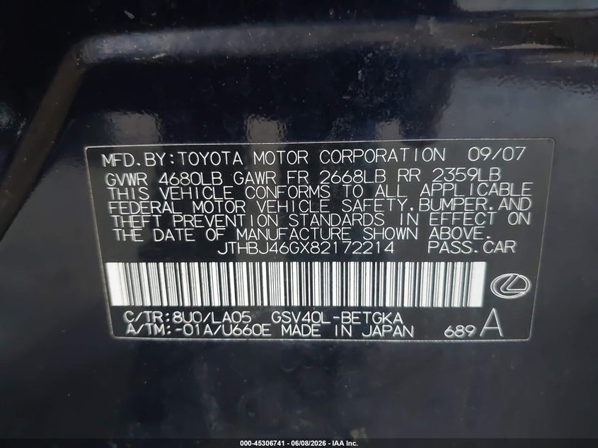 2008 Lexus ES VIN JTHBJ46GX82172214 IAAI salvage auction — NORMAL WEAR, Clear (New York), sold $775 on 2026-07-22 (photo 9)