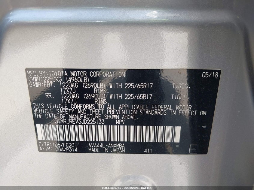 2018 Toyota Rav 4 VIN JTMRJREV3JD225133 IAAI salvage auction — RIGHT FRONT, Salvage Title, sold $6,300 on 2026-07-15 (photo 9)