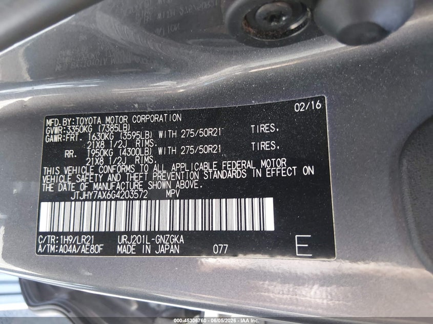 2016 Lexus Lx VIN JTJHY7AX6G4203572 IAAI salvage auction — FRONT END, Wait Title, sold $28,000 on 2026-09-18 (photo 9)