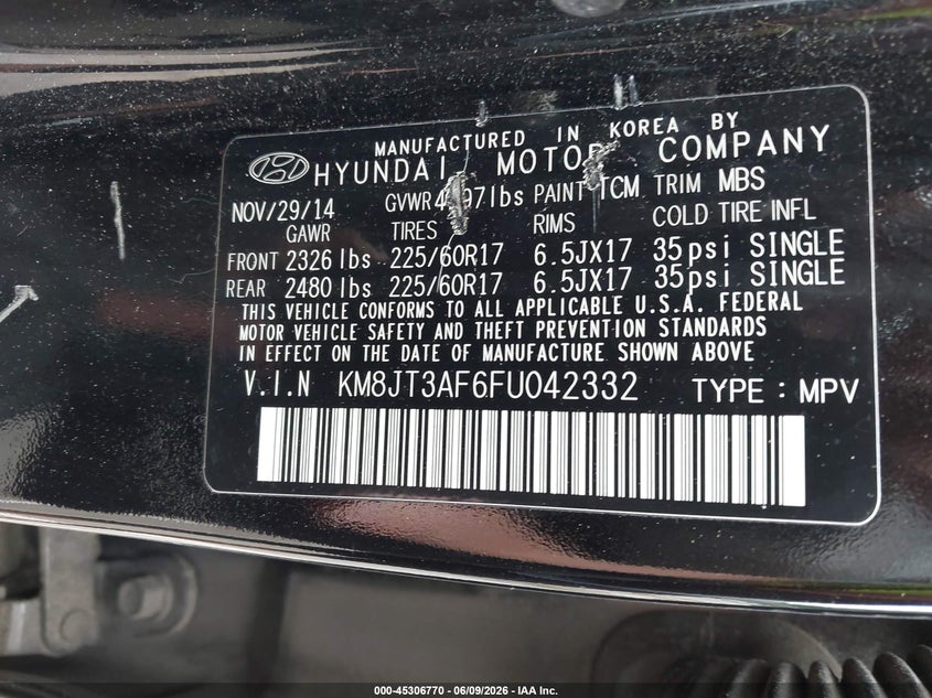 2015 Hyundai Tucson VIN KM8JT3AF6FU042332 IAAI salvage auction — NORMAL WEAR, Salvage Title, sold $925 on 2026-07-19 (photo 9)