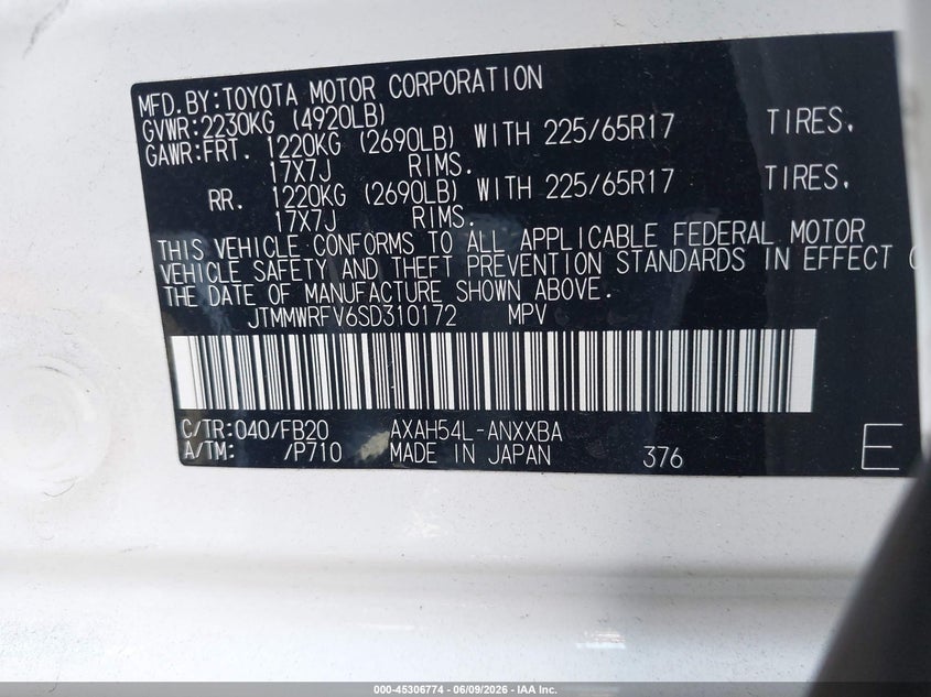 2025 Toyota Rav 4 VIN JTMMWRFV6SD310172 IAAI salvage auction — LEFT SIDE, Salvage Title, sold $13,300 on 2026-07-08 (photo 9)