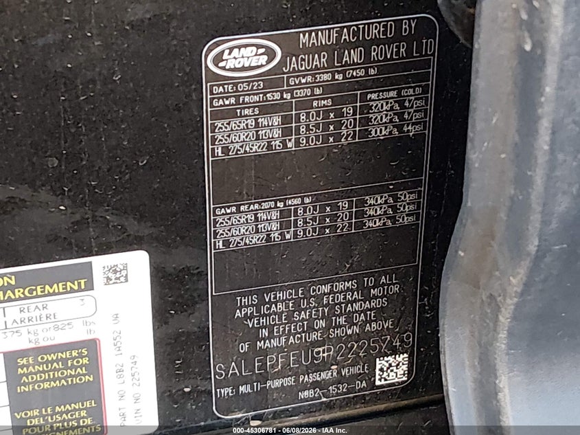 2023 Land rover Defender VIN SALEPFEU9P2225749 IAAI salvage auction — LEFT FRONT, Salvage Title, sold $27,175 on 2026-07-13 (photo 9)