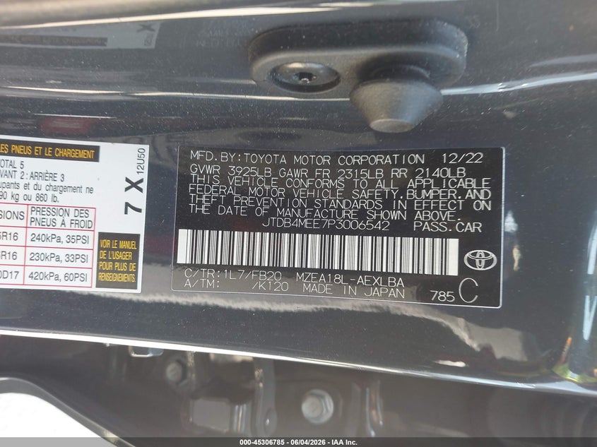 2023 Toyota Corolla VIN JTDB4MEE7P3006542 IAAI salvage auction — FRONT END, Salvage Title, sold $4,450 on 2026-07-22 (photo 9)