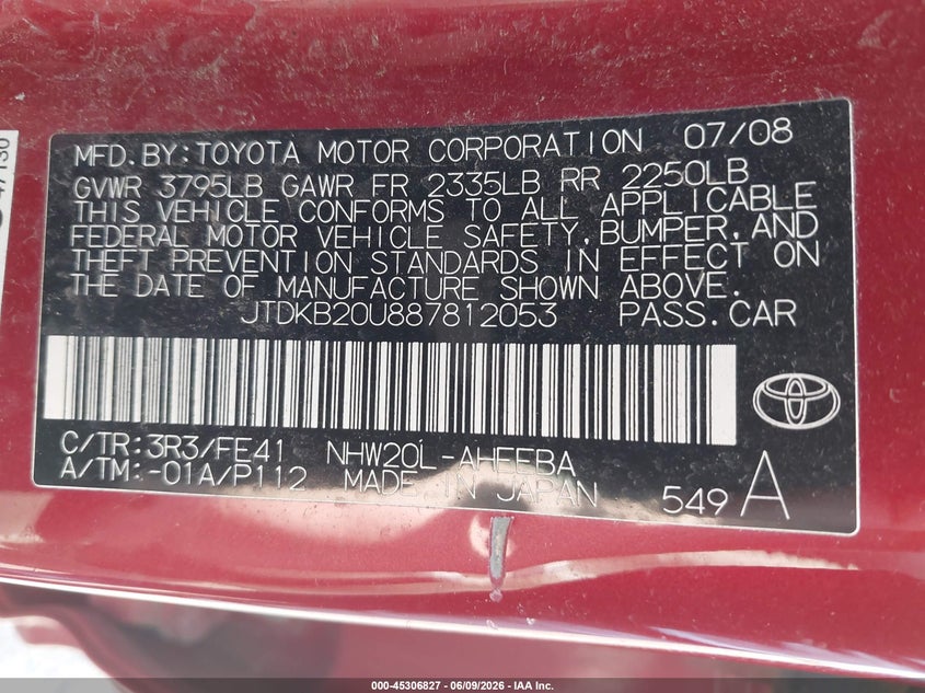 2008 Toyota Prius VIN JTDKB20U887812053 IAAI salvage auction — RIGHT SIDE, Clear (Minnesota), sold $25 on 2026-07-29 (photo 9)
