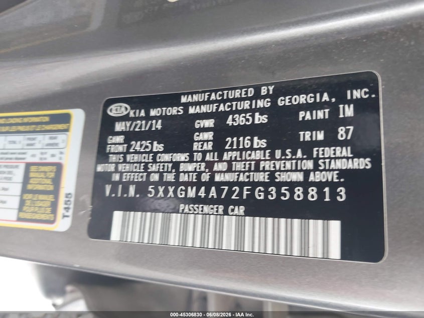2015 Kia Optima VIN 5XXGM4A72FG358813 IAAI salvage auction — NORMAL WEAR, Repossession Paperwork (South Carolina), sold $850 on 2026-07-14 (photo 9)