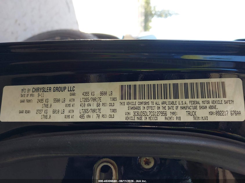 2012 Ram 2500 VIN 3C6UD5DL7CG127956 IAAI salvage auction — SIDE, Salvage Title, sold $5,800 on 2026-07-11 (photo 9)