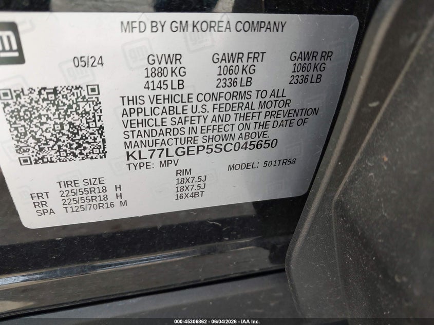 2025 Chevrolet Trax VIN KL77LGEP5SC045650 IAAI salvage auction — ALL OVER, Clear (Florida), sold $450 on 2026-07-15 (photo 9)