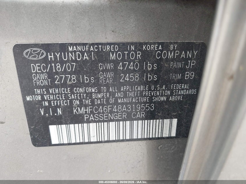 2008 Hyundai Azera VIN KMHFC46F48A319553 IAAI salvage auction — FRONT END, Salvage - 75% Or Less (Maryland), sold $475 on 2026-07-11 (photo 9)